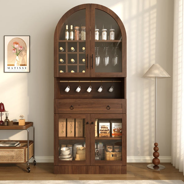 English Elm 70 Inch Arched Bar Cabinet with Tempered Glass Doors Wine Rack and Stemware Storage Walnut N728S455834Z