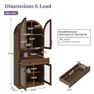 English Elm 70 Inch Arched Bar Cabinet with Tempered Glass Doors Wine Rack and Stemware Storage Walnut N728S455834Z