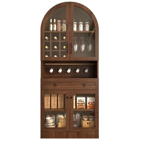 English Elm 70 Inch Arched Bar Cabinet with Tempered Glass Doors Wine Rack and Stemware Storage Walnut N728S455834Z