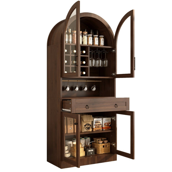 English Elm 70 Inch Arched Bar Cabinet with Tempered Glass Doors Wine Rack and Stemware Storage Walnut N728S455834Z