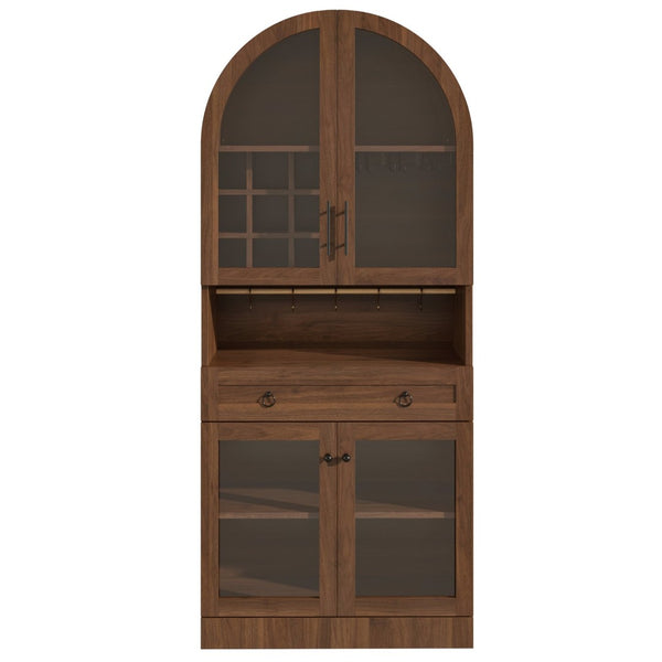 English Elm 70 Inch Arched Bar Cabinet with Tempered Glass Doors Wine Rack and Stemware Storage Walnut N728S455834Z