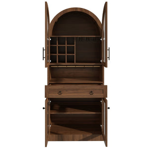 English Elm 70 Inch Arched Bar Cabinet with Tempered Glass Doors Wine Rack and Stemware Storage Walnut N728S455834Z