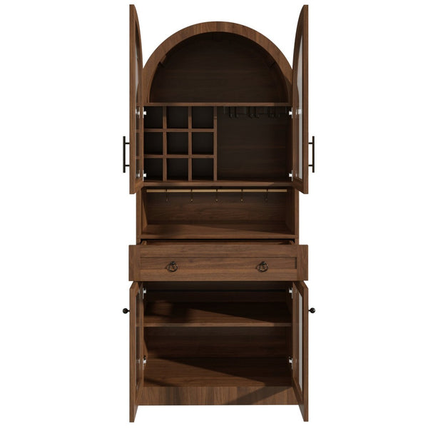 English Elm 70 Inch Arched Bar Cabinet with Tempered Glass Doors Wine Rack and Stemware Storage Walnut N728S455834Z