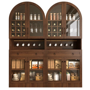 English Elm 70 Inch Arched Bar Cabinet with Tempered Glass Doors Wine Rack and Stemware Storage Walnut N728S455834Z