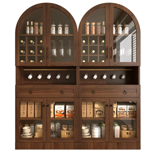 English Elm 70 Inch Arched Bar Cabinet with Tempered Glass Doors Wine Rack and Stemware Storage Walnut N728S455834Z