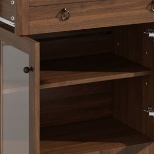 English Elm 70 Inch Arched Bar Cabinet with Tempered Glass Doors Wine Rack and Stemware Storage Walnut N728S455834Z