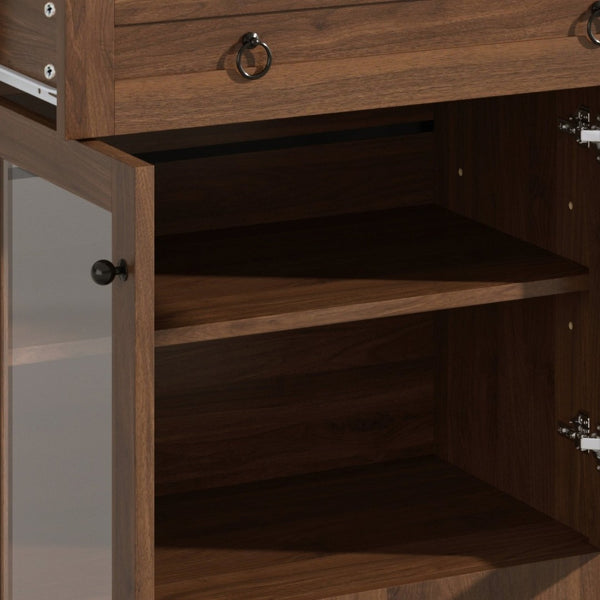 English Elm 70 Inch Arched Bar Cabinet with Tempered Glass Doors Wine Rack and Stemware Storage Walnut N728S455834Z