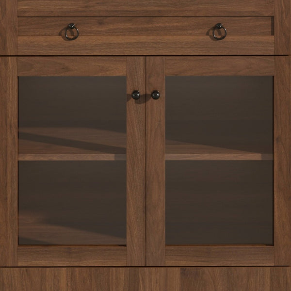 English Elm 70 Inch Arched Bar Cabinet with Tempered Glass Doors Wine Rack and Stemware Storage Walnut N728S455834Z