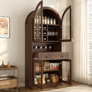 English Elm 70 Inch Arched Bar Cabinet with Tempered Glass Doors Wine Rack and Stemware Storage Walnut N728S455834Z