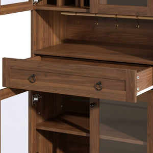 English Elm 70 Inch Arched Bar Cabinet with Tempered Glass Doors Wine Rack and Stemware Storage Walnut N728S455834Z