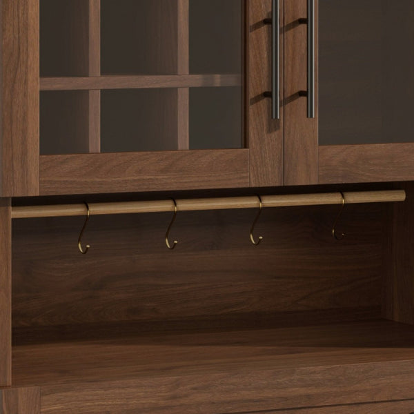 English Elm 70 Inch Arched Bar Cabinet with Tempered Glass Doors Wine Rack and Stemware Storage Walnut N728S455834Z
