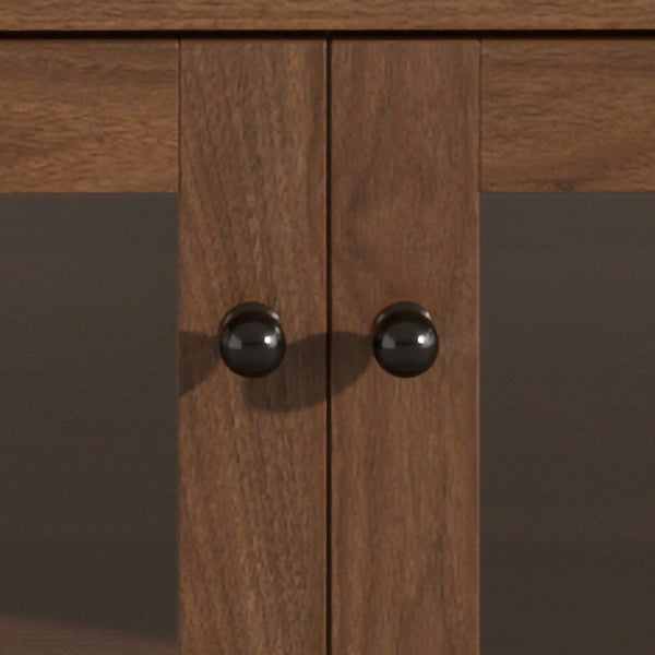 English Elm 70 Inch Arched Bar Cabinet with Tempered Glass Doors Wine Rack and Stemware Storage Walnut N728S455834Z