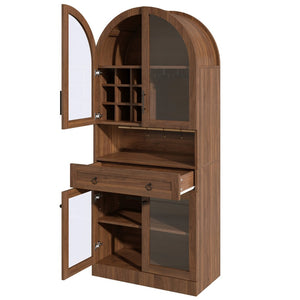 English Elm 70 Inch Arched Bar Cabinet with Tempered Glass Doors Wine Rack and Stemware Storage Walnut N728S455834Z