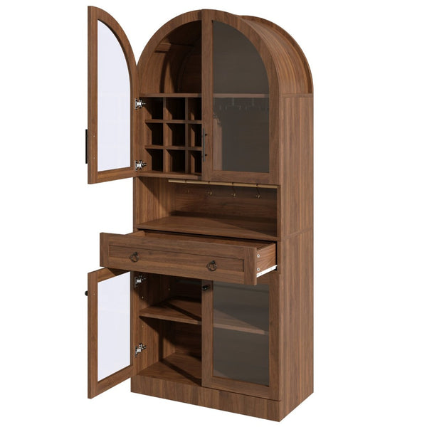 English Elm 70 Inch Arched Bar Cabinet with Tempered Glass Doors Wine Rack and Stemware Storage Walnut N728S455834Z