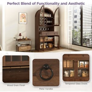 English Elm 70 Inch Arched Bar Cabinet with Tempered Glass Doors Wine Rack and Stemware Storage Walnut N728S455834Z