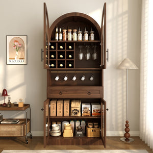 English Elm 70 Inch Arched Bar Cabinet with Tempered Glass Doors Wine Rack and Stemware Storage Walnut N728S455834Z