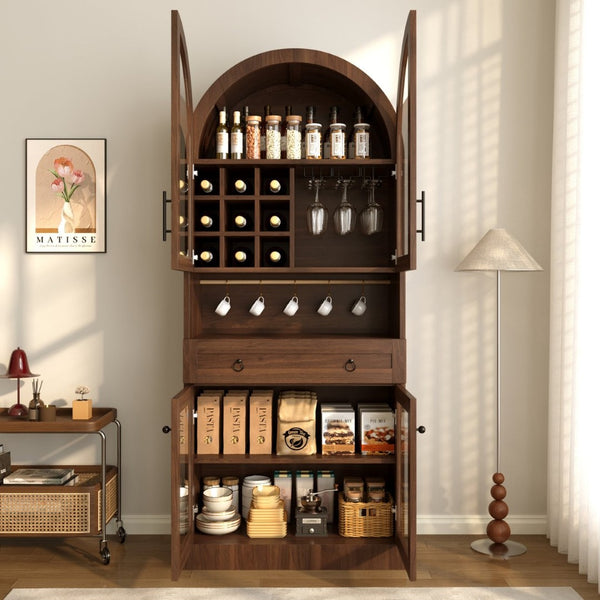 English Elm 70 Inch Arched Bar Cabinet with Tempered Glass Doors Wine Rack and Stemware Storage Walnut N728S455834Z