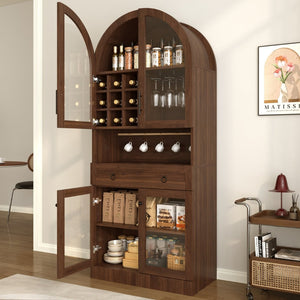 English Elm 70 Inch Arched Bar Cabinet with Tempered Glass Doors Wine Rack and Stemware Storage Walnut N728S455834Z