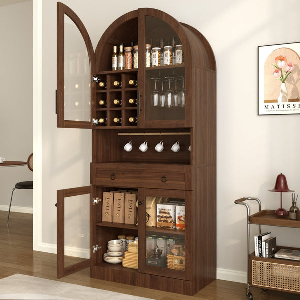 English Elm 70 Inch Arched Bar Cabinet with Tempered Glass Doors Wine Rack and Stemware Storage Walnut N728S455834Z