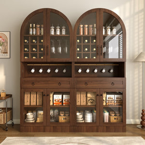 English Elm 70 Inch Arched Bar Cabinet with Tempered Glass Doors Wine Rack and Stemware Storage Walnut N728S455834Z