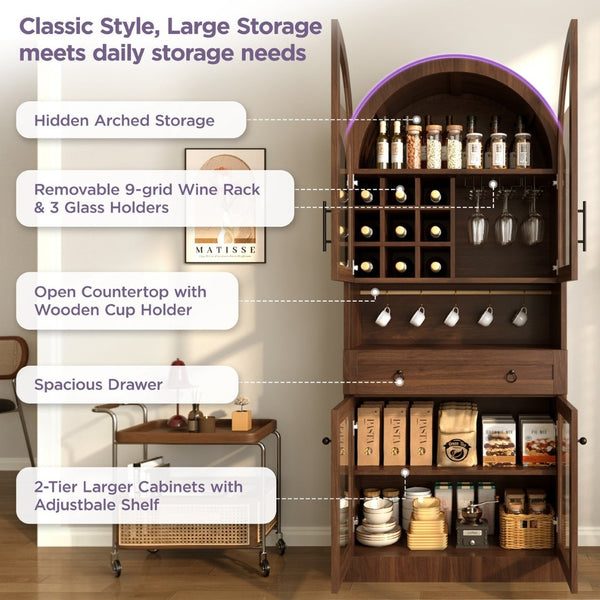 English Elm 70 Inch Arched Bar Cabinet with Tempered Glass Doors Wine Rack and Stemware Storage Walnut N728S455834Z