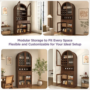 English Elm 70 Inch Arched Bar Cabinet with Tempered Glass Doors Wine Rack and Stemware Storage Walnut N728S455834Z