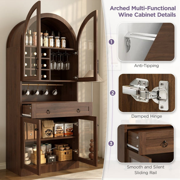 English Elm 70 Inch Arched Bar Cabinet with Tempered Glass Doors Wine Rack and Stemware Storage Walnut N728S455834Z