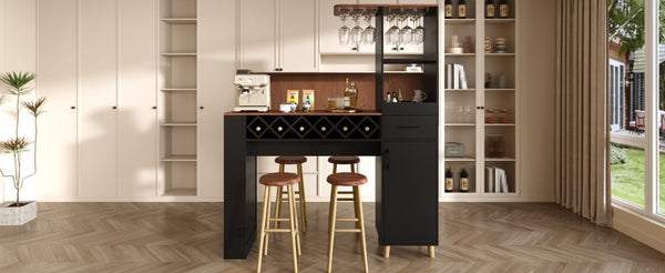 English Elm Bar Cabinet Tall Floor to Ceiling Unit with Wine Rack Glass Holders Open Shelving Bar Cabinet with Storage N728S511476B