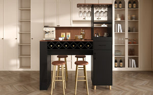 English Elm Bar Cabinet Tall Floor to Ceiling Unit with Wine Rack Glass Holders Open Shelving Bar Cabinet with Storage N728S511476B