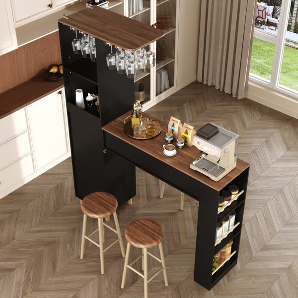 English Elm Bar Cabinet Tall Floor to Ceiling Unit with Wine Rack Glass Holders Open Shelving Bar Cabinet with Storage N728S511476B