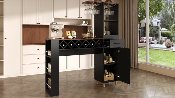 English Elm Bar Cabinet Tall Floor to Ceiling Unit with Wine Rack Glass Holders Open Shelving Bar Cabinet with Storage N728S511476B