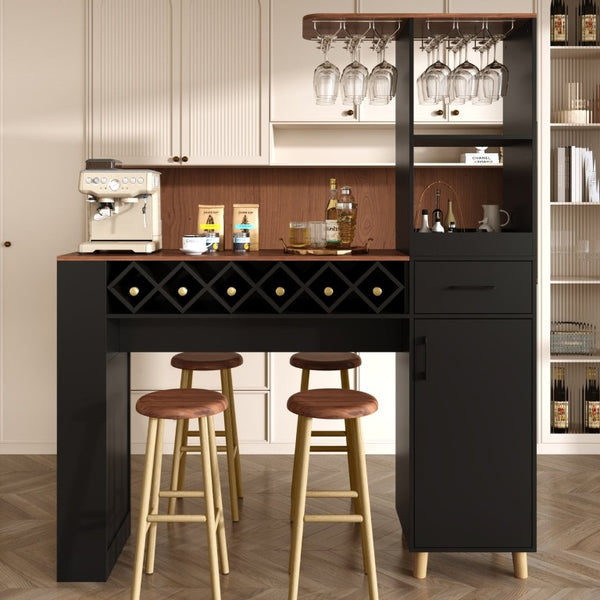 English Elm Bar Cabinet Tall Floor to Ceiling Unit with Wine Rack Glass Holders Open Shelving Bar Cabinet with Storage N728S511476B