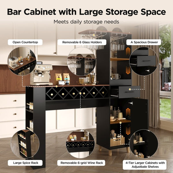 English Elm Bar Cabinet Tall Floor to Ceiling Unit with Wine Rack Glass Holders Open Shelving Bar Cabinet with Storage N728S511476B