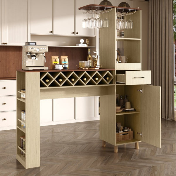 English Elm Bar Cabinet with Fridge Compartment Power Outlet Two Tone Mid Century Modern Storage Natural 63.39 L x 15.75 W x 75.59 H N728S511476N