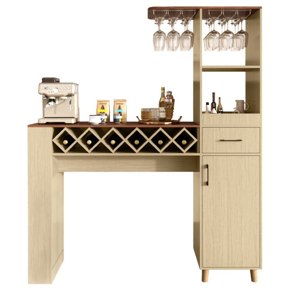 English Elm Bar Cabinet with Fridge Compartment Power Outlet Two Tone Mid Century Modern Storage Natural 63.39 L x 15.75 W x 75.59 H N728S511476N