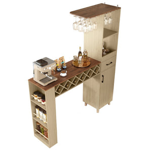 English Elm Bar Cabinet with Fridge Compartment Power Outlet Two Tone Mid Century Modern Storage Natural 63.39 L x 15.75 W x 75.59 H N728S511476N