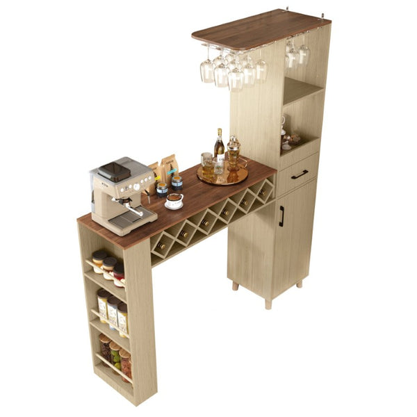 English Elm Bar Cabinet with Fridge Compartment Power Outlet Two Tone Mid Century Modern Storage Natural 63.39 L x 15.75 W x 75.59 H N728S511476N