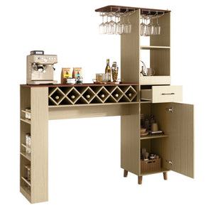 English Elm Bar Cabinet with Fridge Compartment Power Outlet Two Tone Mid Century Modern Storage Natural 63.39 L x 15.75 W x 75.59 H N728S511476N