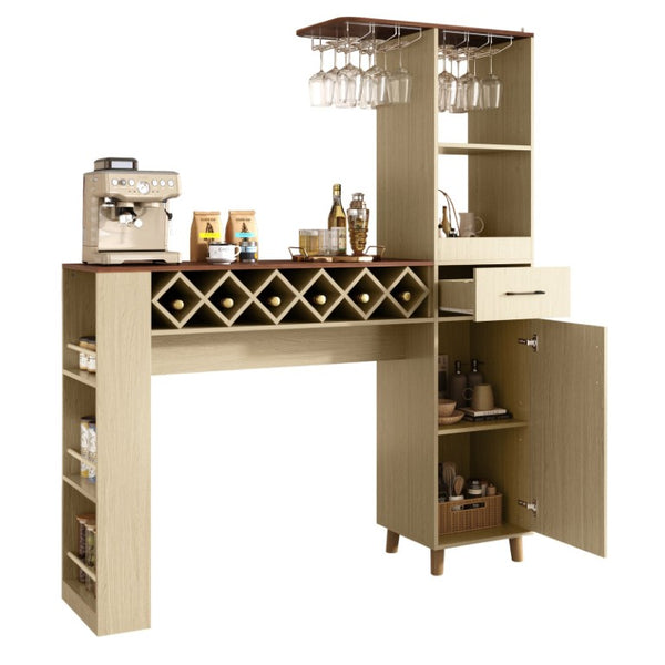 English Elm Bar Cabinet with Fridge Compartment Power Outlet Two Tone Mid Century Modern Storage Natural 63.39 L x 15.75 W x 75.59 H N728S511476N
