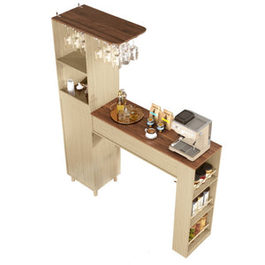 English Elm Bar Cabinet with Fridge Compartment Power Outlet Two Tone Mid Century Modern Storage Natural 63.39 L x 15.75 W x 75.59 H N728S511476N