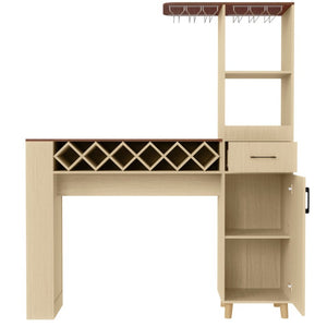 English Elm Bar Cabinet with Fridge Compartment Power Outlet Two Tone Mid Century Modern Storage Natural 63.39 L x 15.75 W x 75.59 H N728S511476N