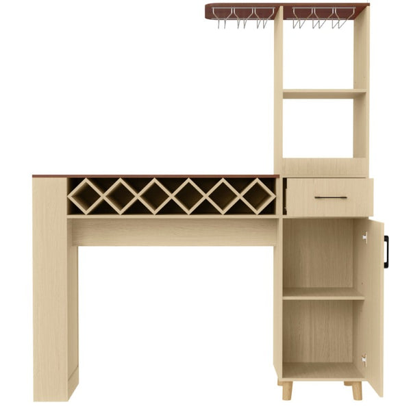 English Elm Bar Cabinet with Fridge Compartment Power Outlet Two Tone Mid Century Modern Storage Natural 63.39 L x 15.75 W x 75.59 H N728S511476N