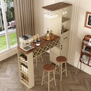 English Elm Bar Cabinet with Fridge Compartment Power Outlet Two Tone Mid Century Modern Storage Natural 63.39 L x 15.75 W x 75.59 H N728S511476N