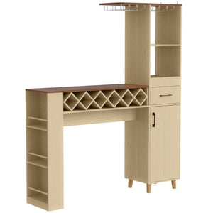 English Elm Bar Cabinet with Fridge Compartment Power Outlet Two Tone Mid Century Modern Storage Natural 63.39 L x 15.75 W x 75.59 H N728S511476N