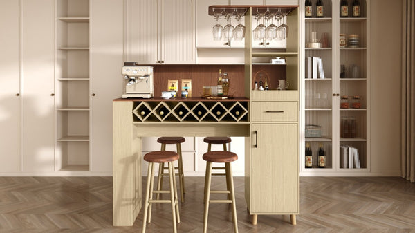 English Elm Bar Cabinet with Fridge Compartment Power Outlet Two Tone Mid Century Modern Storage Natural 63.39 L x 15.75 W x 75.59 H N728S511476N