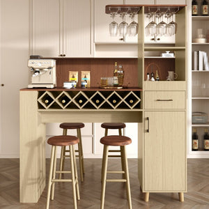 English Elm Bar Cabinet with Fridge Compartment Power Outlet Two Tone Mid Century Modern Storage Natural 63.39 L x 15.75 W x 75.59 H N728S511476N