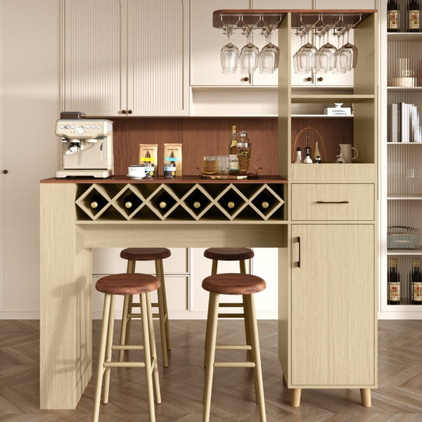 English Elm Bar Cabinet with Fridge Compartment Power Outlet Two Tone Mid Century Modern Storage Natural 63.39 L x 15.75 W x 75.59 H N728S511476N