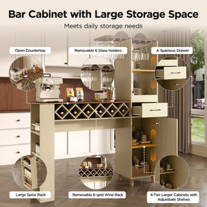 English Elm Bar Cabinet with Fridge Compartment Power Outlet Two Tone Mid Century Modern Storage Natural 63.39 L x 15.75 W x 75.59 H N728S511476N