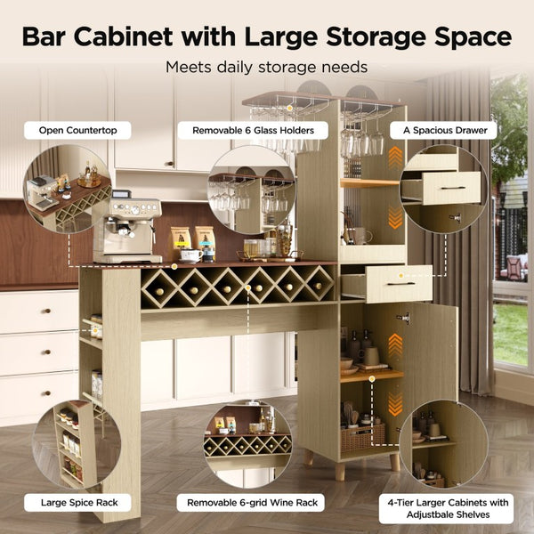 English Elm Bar Cabinet with Fridge Compartment Power Outlet Two Tone Mid Century Modern Storage Natural 63.39 L x 15.75 W x 75.59 H N728S511476N