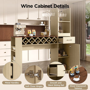 English Elm Bar Cabinet with Fridge Compartment Power Outlet Two Tone Mid Century Modern Storage Natural 63.39 L x 15.75 W x 75.59 H N728S511476N